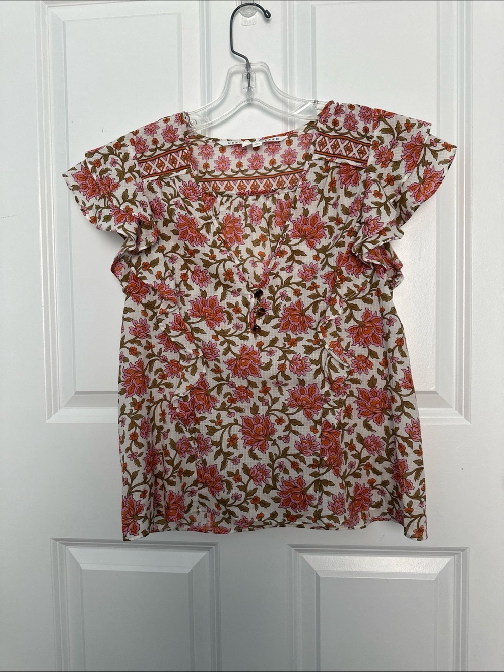 Veronica Beard Floral V-Neck Ruffled Sleeve Top - Pink & Brown